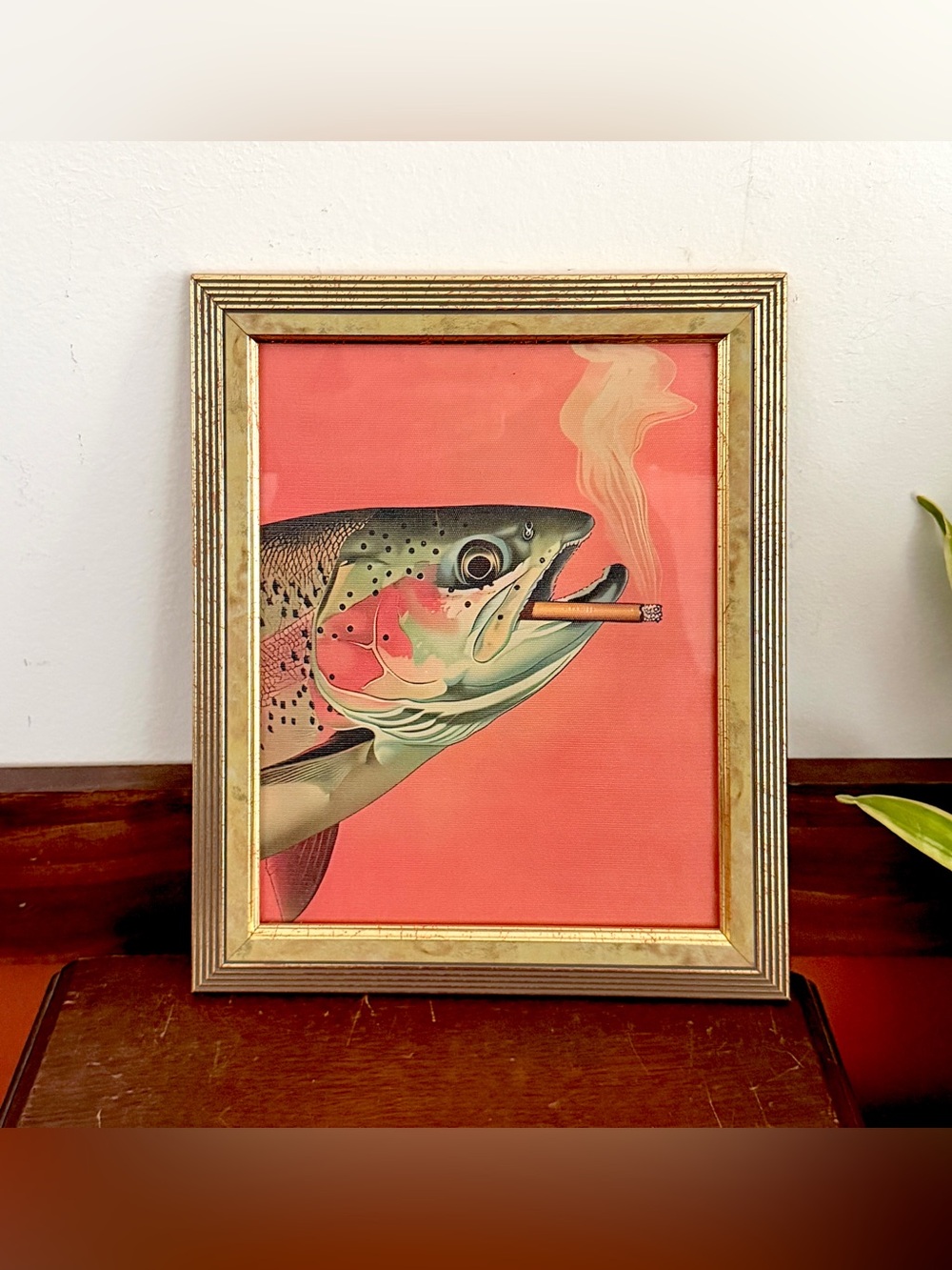 Trout Fish Smoking a Cigarette Vintage Style Canvas Wall Art Print Gold Framed